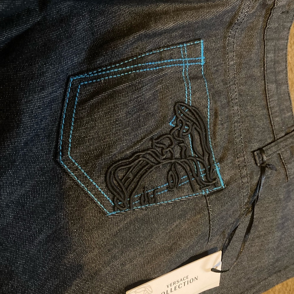 Versace Women's Dark Wash Jeans with Bright Blue Stitching - Picture 2 of 7
